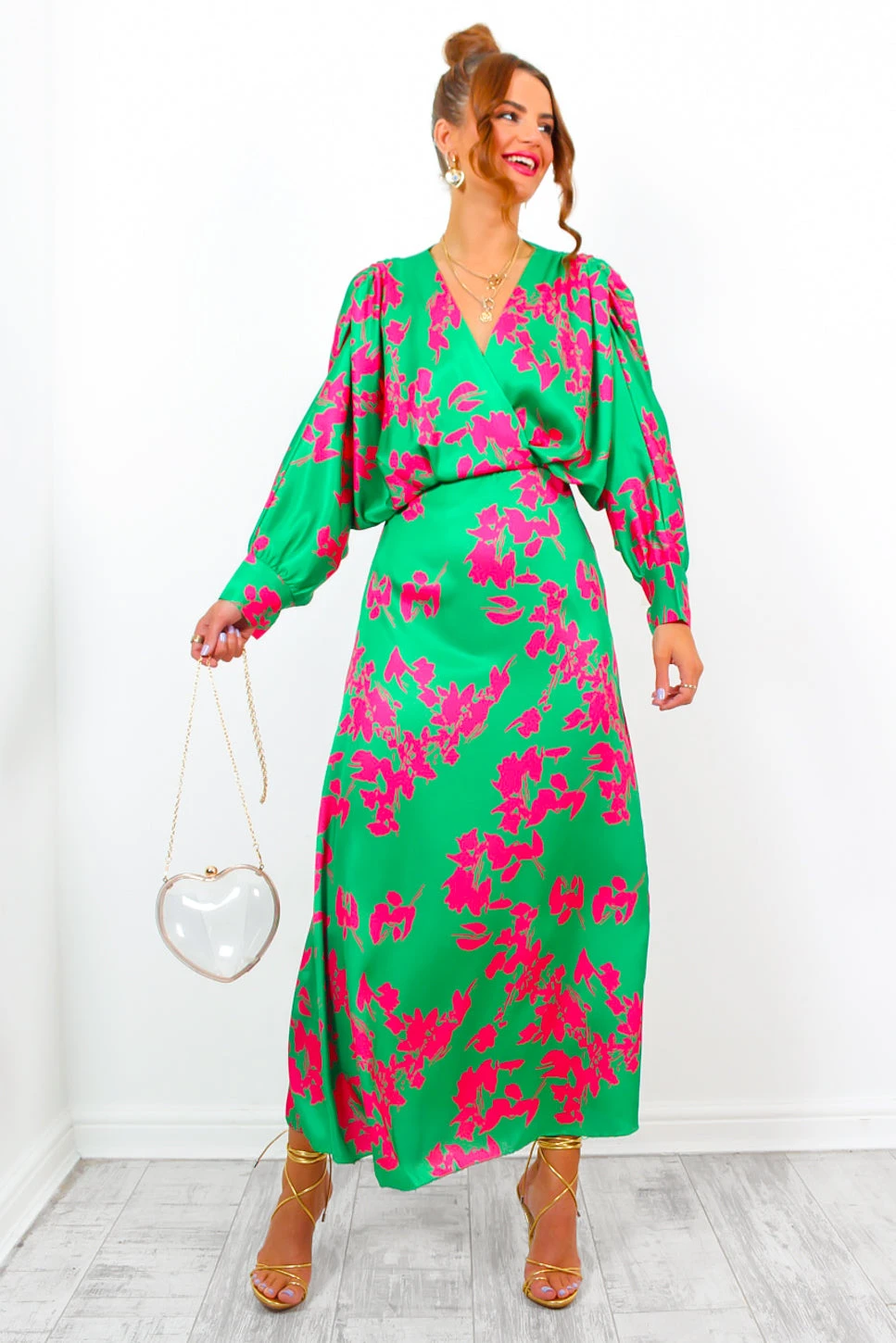 In My Imagination - Green Pink Floral Batwing Midi Dress 1 In My Imagination - Green Pink Floral Batwing Midi Dress