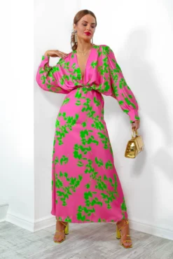 In My Imagination - Pink Lime Floral Batwing Midi Dress