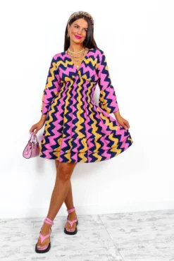 Island Girl - Navy Pink Zig Zag Mini Dress