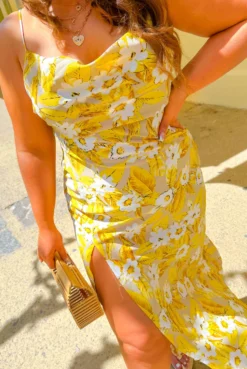 Its You I Choose - Yellow Floral Satin Cowl Neck Midi Dress -Glamoros Clothing Shop It s You I Choose Yellow Floral Satin Cowl Neck Midi Dress 2