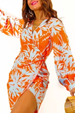 Its Not Over - Orange Pale Blue Tropical Print Gathered Midi Dress 8 Its Not Over - Orange Pale Blue Tropical Print Gathered Midi Dress -Glamoros Clothing Shop It sNotOver OrangePaleBlueTropicalPrintGatheredMidiDress 1