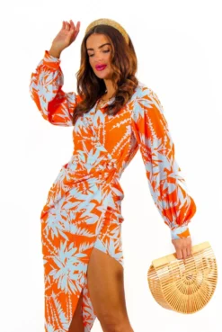 Its Not Over - Orange Pale Blue Tropical Print Gathered Midi Dress 10 Its Not Over - Orange Pale Blue Tropical Print Gathered Midi Dress -Glamoros Clothing Shop It sNotOver OrangePaleBlueTropicalPrintGatheredMidiDress 2