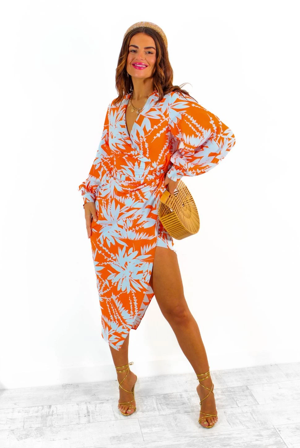 Its Not Over - Orange Pale Blue Tropical Print Gathered Midi Dress 4 Its Not Over - Orange Pale Blue Tropical Print Gathered Midi Dress - Image 4