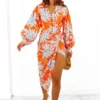 Its Not Over - Orange Pale Blue Tropical Print Gathered Midi Dress