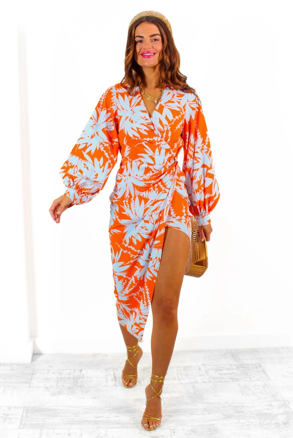 Its Not Over - Orange Pale Blue Tropical Print Gathered Midi Dress 1 Its Not Over - Orange Pale Blue Tropical Print Gathered Midi Dress