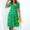 Its The Little Things - Green Floral Print Tie Midi Dress