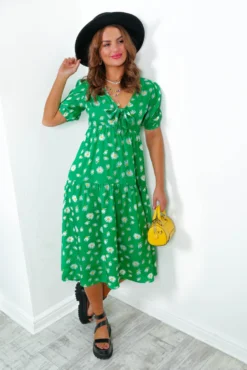 Its The Little Things - Green Floral Print Tie Midi Dress