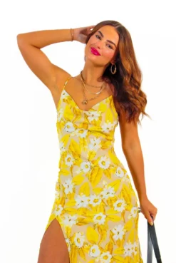 Its You I Choose - Yellow Floral Satin Cowl Neck Midi Dress -Glamoros Clothing Shop It sYouIChoose YellowFloralSatinCowlNeckMidiDress 4