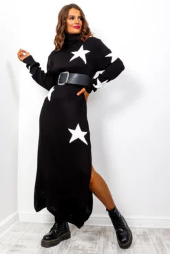 Its Time To Shine - Black Knitted Roll Neck Midi Dress