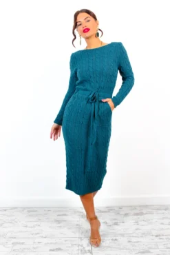 Knits Complicated - Teal Cable Knit Dress -Glamoros Clothing Shop KnitsComplicated TealCableKnitDress 2