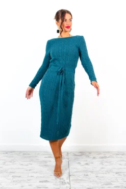 Knits Complicated - Teal Cable Knit Dress -Glamoros Clothing Shop KnitsComplicated TealCableKnitDress 5
