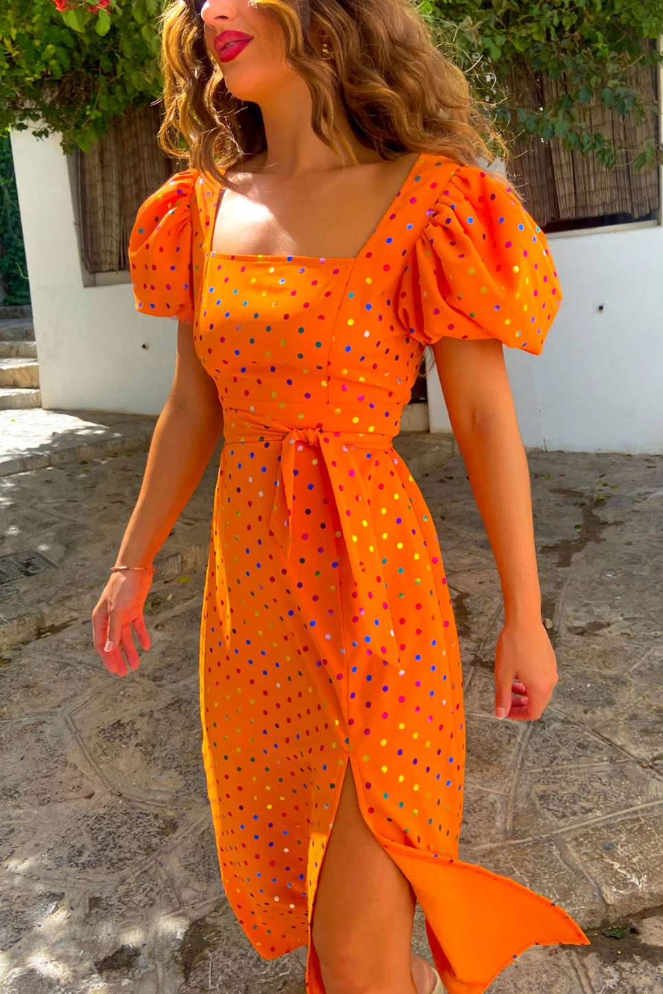 Last But Not Least - Orange Multi Spot Puff Sleeve Midi Dress 2 Last But Not Least - Orange Multi Spot Puff Sleeve Midi Dress - Image 2