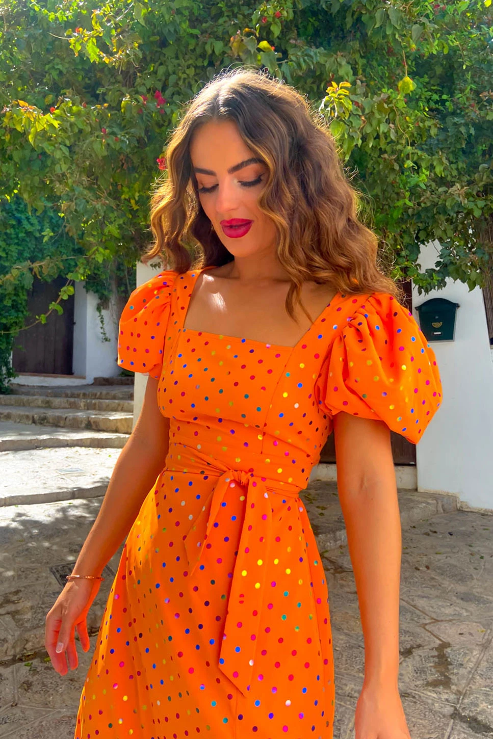 Last But Not Least - Orange Multi Spot Puff Sleeve Midi Dress 1 Last But Not Least - Orange Multi Spot Puff Sleeve Midi Dress