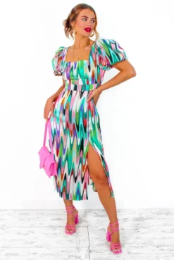 Last But Not Least - Multi Abstract Puff Sleeve Midi Dress