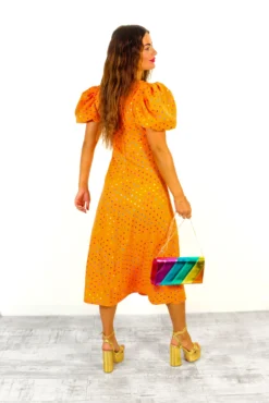 Last But Not Least - Orange Multi Spot Puff Sleeve Midi Dress 12 Last But Not Least - Orange Multi Spot Puff Sleeve Midi Dress -Glamoros Clothing Shop LastButNotLeast OrangeMultiSpotPuffSleeveMidiDress1