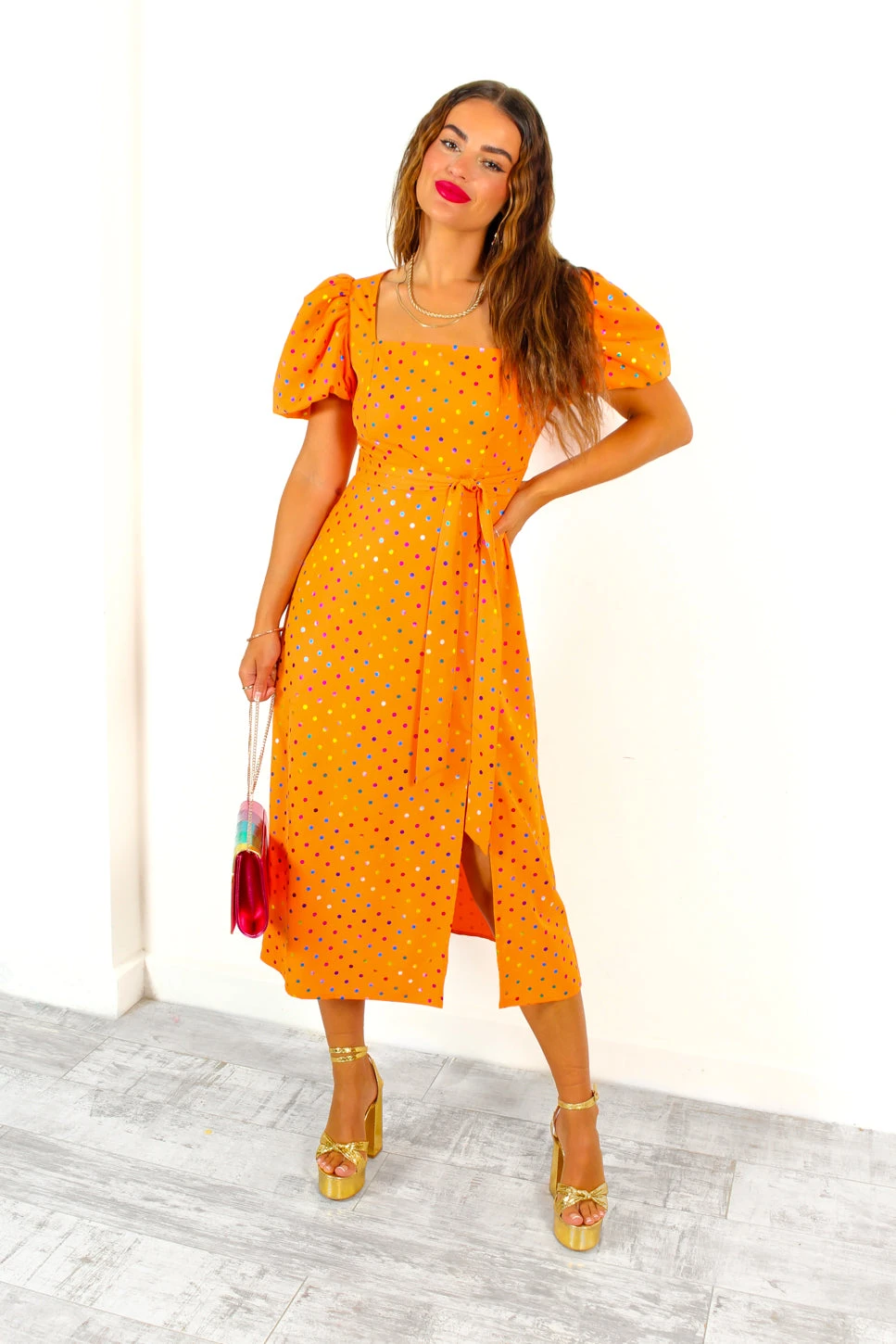 Last But Not Least - Orange Multi Spot Puff Sleeve Midi Dress 3 Last But Not Least - Orange Multi Spot Puff Sleeve Midi Dress - Image 3