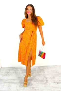 Last But Not Least - Orange Multi Spot Puff Sleeve Midi Dress 11 Last But Not Least - Orange Multi Spot Puff Sleeve Midi Dress -Glamoros Clothing Shop LastButNotLeast OrangeMultiSpotPuffSleeveMidiDress3