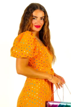 Last But Not Least - Orange Multi Spot Puff Sleeve Midi Dress 13 Last But Not Least - Orange Multi Spot Puff Sleeve Midi Dress -Glamoros Clothing Shop LastButNotLeast OrangeMultiSpotPuffSleeveMidiDress4