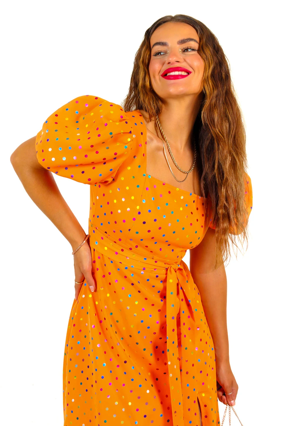 Last But Not Least - Orange Multi Spot Puff Sleeve Midi Dress 4 Last But Not Least - Orange Multi Spot Puff Sleeve Midi Dress - Image 4