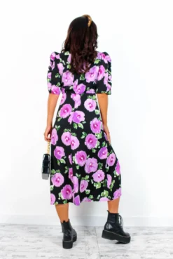 Law Of The Jungle - Black Lilac Floral Print Midi Dress 9 Law Of The Jungle - Black Lilac Floral Print Midi Dress -Glamoros Clothing Shop LawOfTheJungle BlackLilacFloralPrintMidiDress3