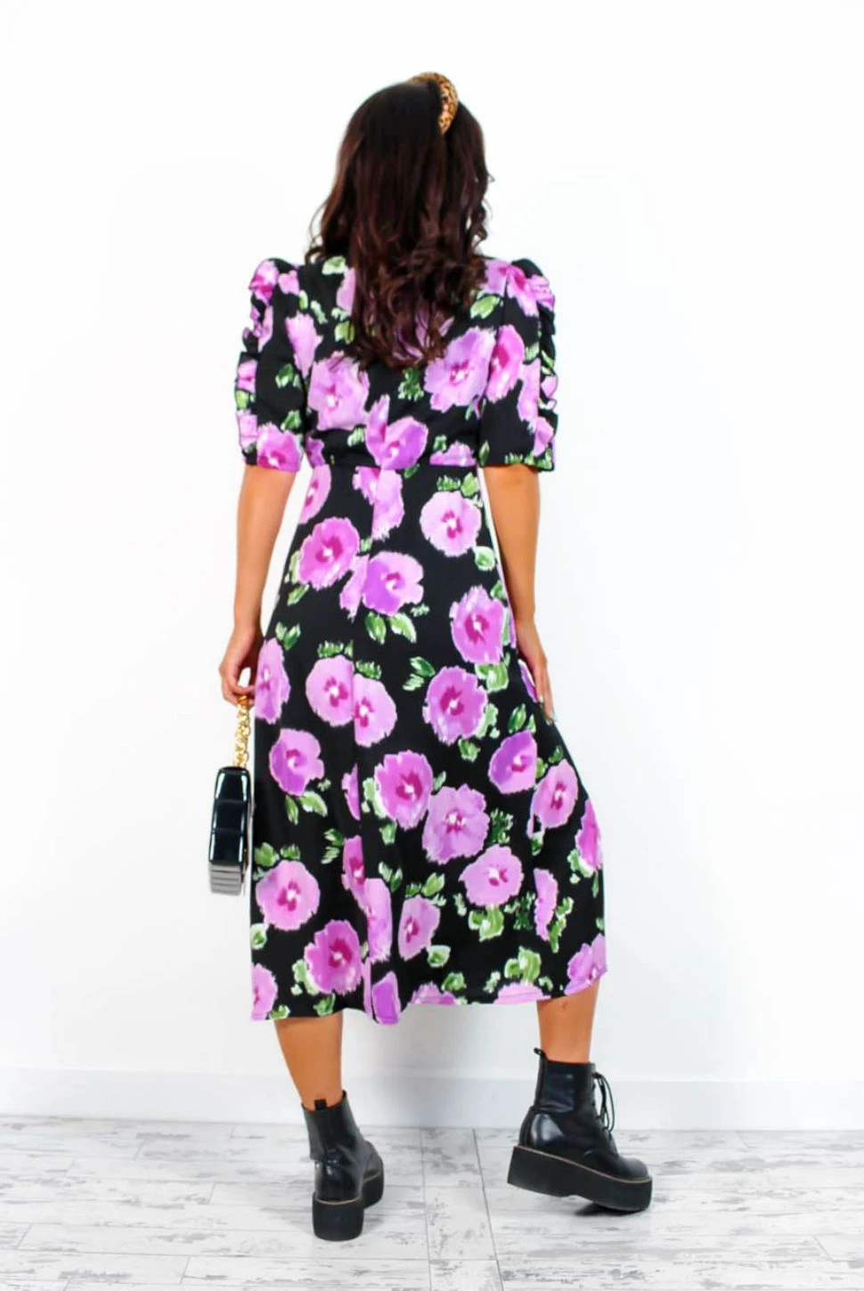 Law Of The Jungle - Black Lilac Floral Print Midi Dress 4 Law Of The Jungle - Black Lilac Floral Print Midi Dress - Image 4