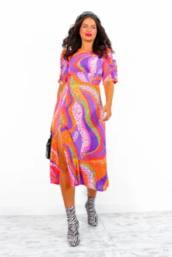 Law Of The Jungle - Fuchsia Rainbow Animal Midi Dress