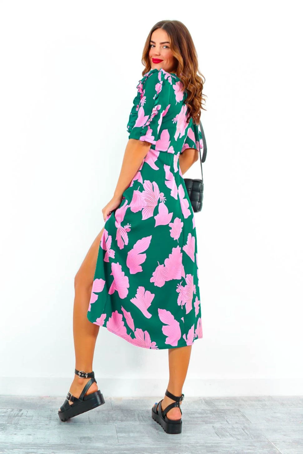 Law Of The Jungle - Green Pink Floral Midi Dress 3 Law Of The Jungle - Green Pink Floral Midi Dress - Image 3