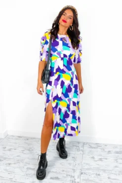 Law Of The Jungle - Lilac Yellow Abstract Midi Dress -Glamoros Clothing Shop LawOfTheJungle LilacYellowAbstractMidiDress1