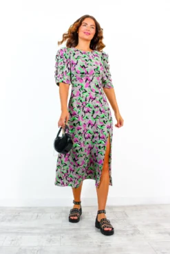 Law Of The Jungle - Purple Green Abstract Midi Dress -Glamoros Clothing Shop LawOfTheJungle PurpleGreenAbstractMidiDress 2