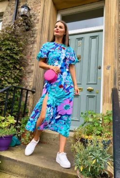 Lets Split - Teal Multi Print Midi Dress