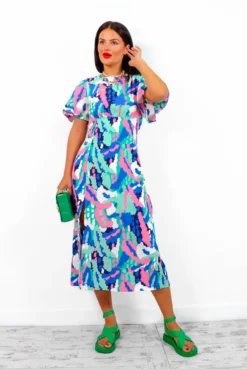 Lets Split - Blue Pink Abstract Midi Dress -Glamoros Clothing Shop Let sSplit BluePinkAbstractMidiDress1