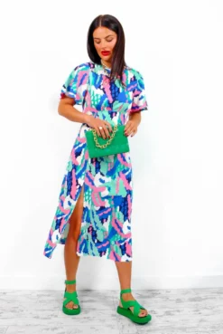 Lets Split - Blue Pink Abstract Midi Dress -Glamoros Clothing Shop Let sSplit BluePinkAbstractMidiDress2