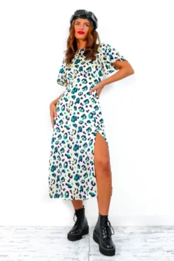 Lets Split - Cream Green Leopard Print Midi Dress