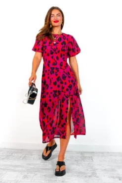 Let's Split - Magenta Orange Leopard Midi Dress