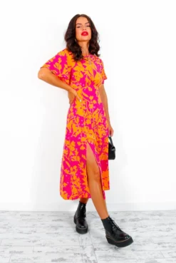 Lets Split - Pink Orange Tropical Print Midi Dress -Glamoros Clothing Shop Let sSplit PinkOrangeTropicalPrintMidiDress1