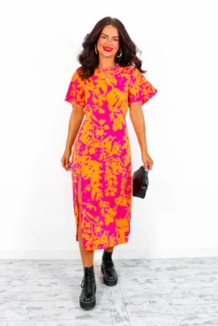 Lets Split - Pink Orange Tropical Print Midi Dress