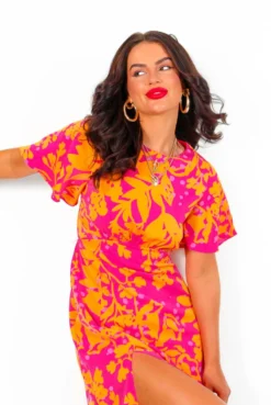 Lets Split - Pink Orange Tropical Print Midi Dress -Glamoros Clothing Shop Let sSplit PinkOrangeTropicalPrintMidiDress5