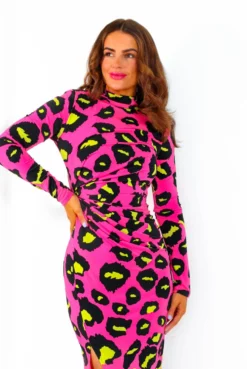 Lets Make Chic Happen - Neon Pink Yellow Animal Ruched Midi Dress -Glamoros Clothing Shop LetsMakeChicHappen NeonPinkYellowAnimalRuchedMidiDress 6
