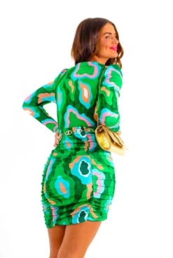 Like It Like That - Green Abstract Print Ruched Mini Dress -Glamoros Clothing Shop LikeItLikeThat GreenAbstractPrintRuchedMiniDress 1