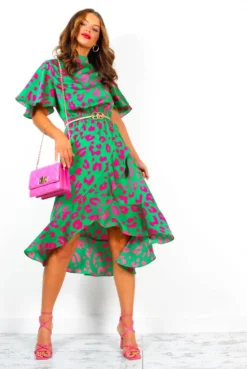 Live Your Best Life - Green Fuchsia Animal Print Midi Dress