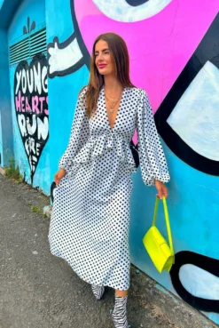 Meet Me At Noon - White Black Polka Dot Ruffle Midi Dress -Glamoros Clothing Shop MEET ME AT NOON WHITE BLACK POLKA DOT RUFFLE MIDI DRESS