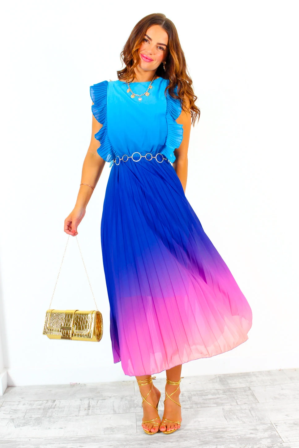 Mamma Mia - Blue Pink Ombre Pleated Maxi Dress 3 Mamma Mia - Blue Pink Ombre Pleated Maxi Dress - Image 3