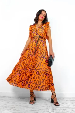 Mamma Mia - Orange Fuchsia Leopard Pleated Maxi Dress