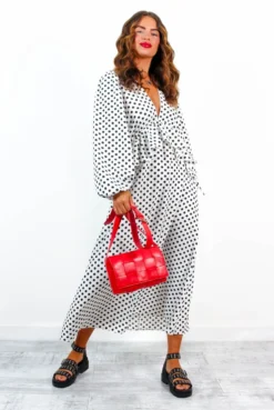 Meet Me At Noon - White Black Polka Dot Ruffle Midi Dress -Glamoros Clothing Shop MeetMeAtNoon WhiteBlackPolkaDotRuffleMidiDress 2