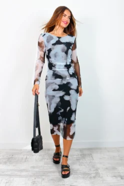 Mesh You Up - Black Grey Printed Ruched Midi Dress -Glamoros Clothing Shop MeshYouUp BlackGreyPrintedRuchedMidiDress 2