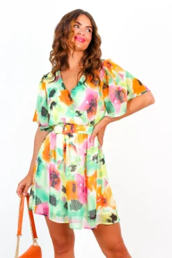 Mi Amore - Green Pink Multi Floral Belted Mini Dress -Glamoros Clothing Shop MiAmore GreenPinkMultiFloralBeltedMiniDress 6