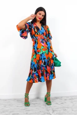 Miss Independent - Blue Orange Tropical Pleated Midi Dress -Glamoros Clothing Shop MissIndependent BlueOrangeTropicalPleatedMidiDress1