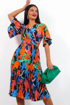 Miss Independent - Blue Orange Tropical Pleated Midi Dress