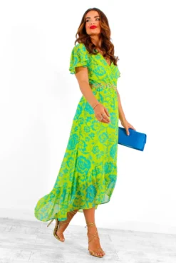 Missed Me? - Green Blue Floral Lurex Midi Dress -Glamoros Clothing Shop MissedMe GreenBlueFloralLurexMidiDress 2