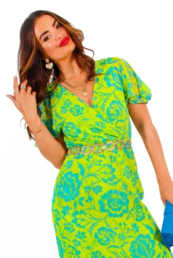 Missed Me? - Green Blue Floral Lurex Midi Dress -Glamoros Clothing Shop MissedMe GreenBlueFloralLurexMidiDress 4